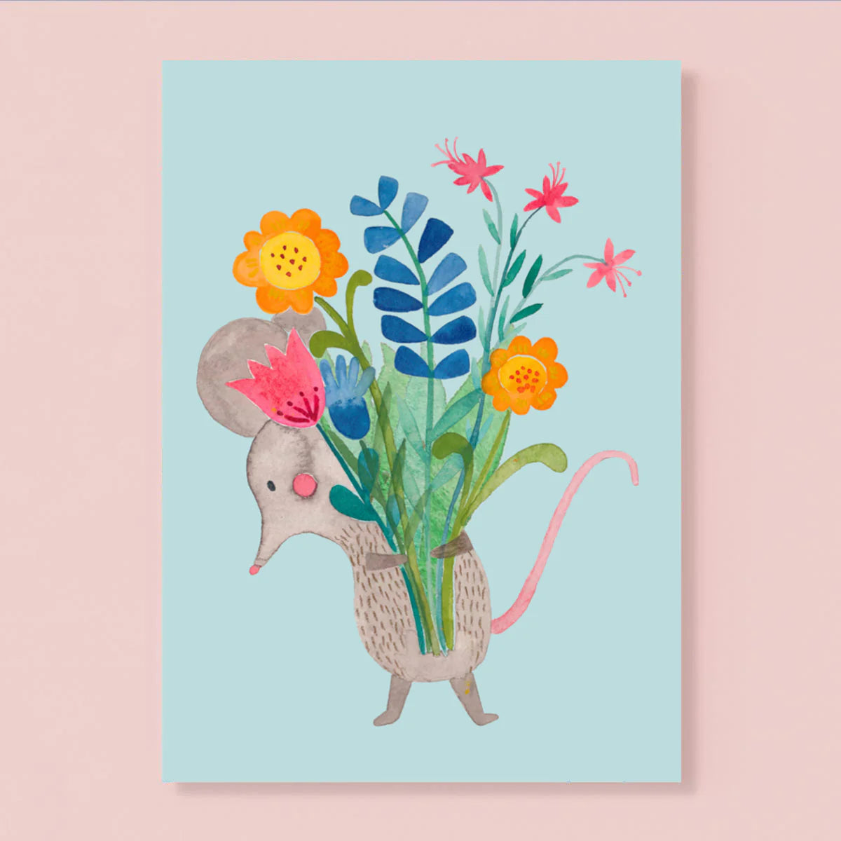 Postkarte MAUS MIT BLUMEN