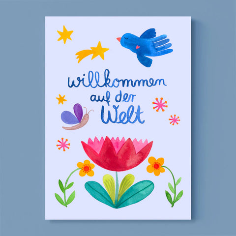Postkarte WILLKOMMEN AUF DER WELT mit Blumen und Vogel