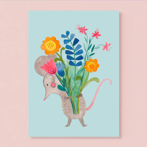 Postkarte MAUS MIT BLUMEN